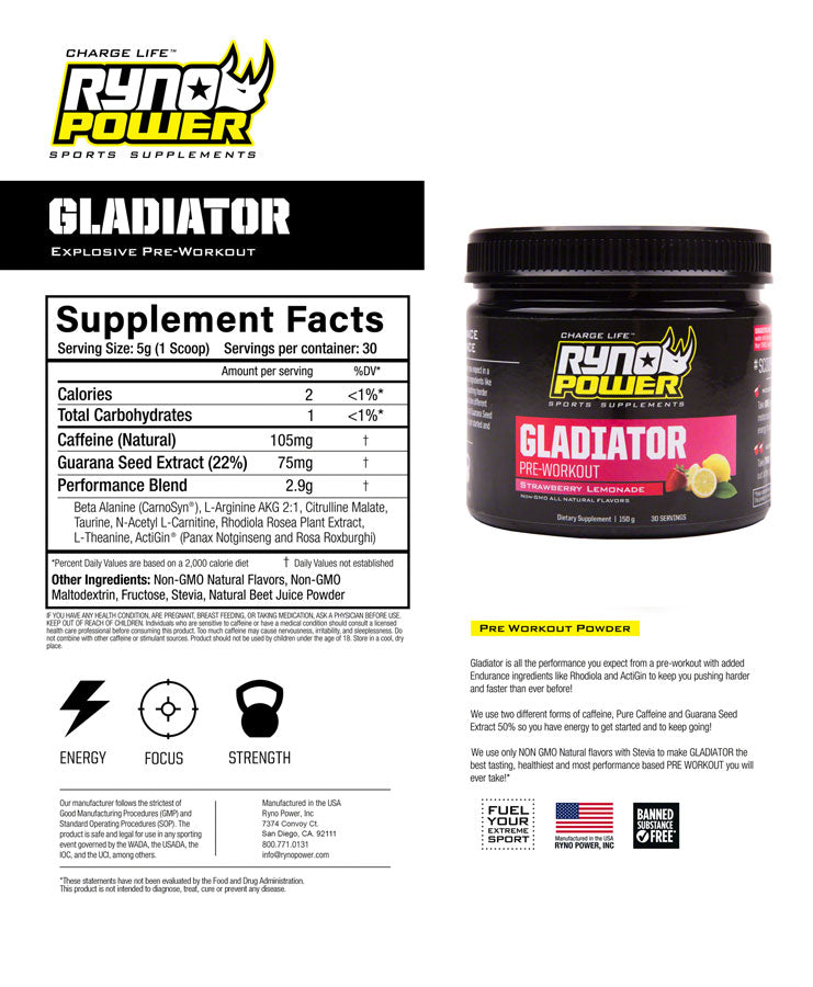 Ryno Power Gladiator Pre-Workout Tub 30 Serv